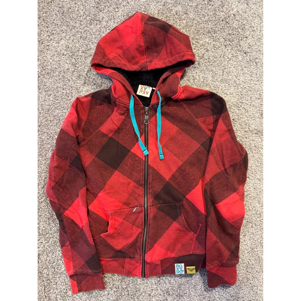 Roxy Hoodie Womens Small Red Buffalo Plaid Sherpa Lined Full Zip P474141 Hooded
